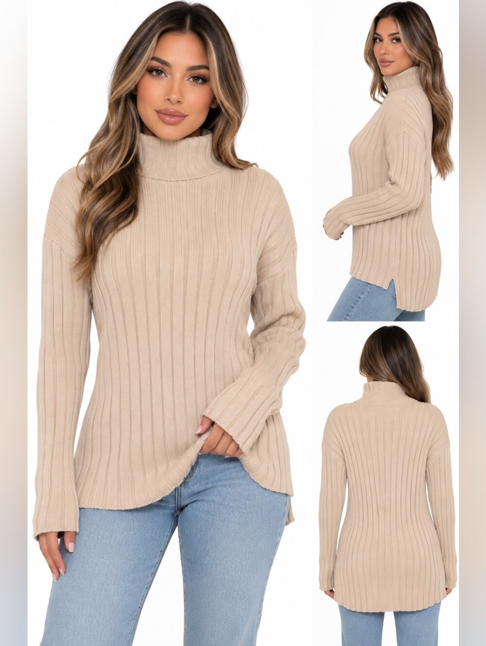 Naked Wardrobe Ribbed Turtleneck Sweater Beige Tan Long Sleeve